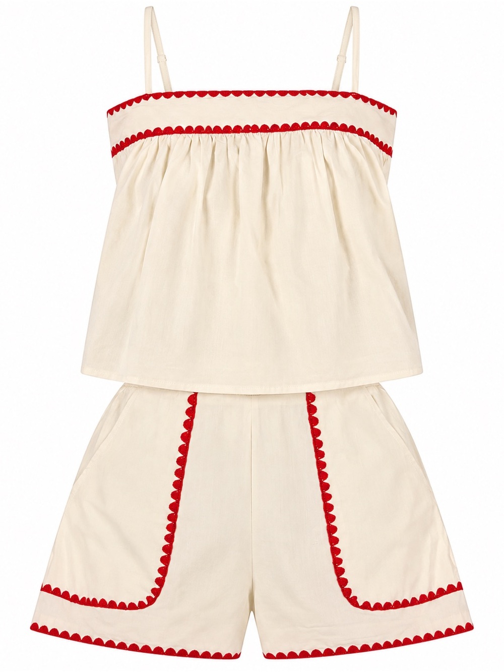 Commense Cream High-Waist Shorts with Red Scallop Trim
